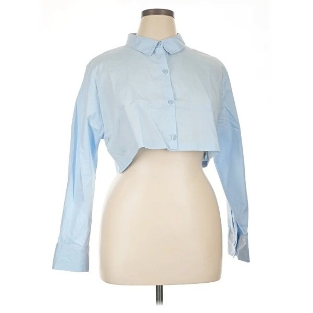 Divided H&M Womens Sz XS Cropped Button Down Shirt Light Blue Long Sleeve Cotton